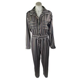 Lulus Black Striped Long Sleeve Drawstring Pockets Button Down Shirt Jumpsuit S